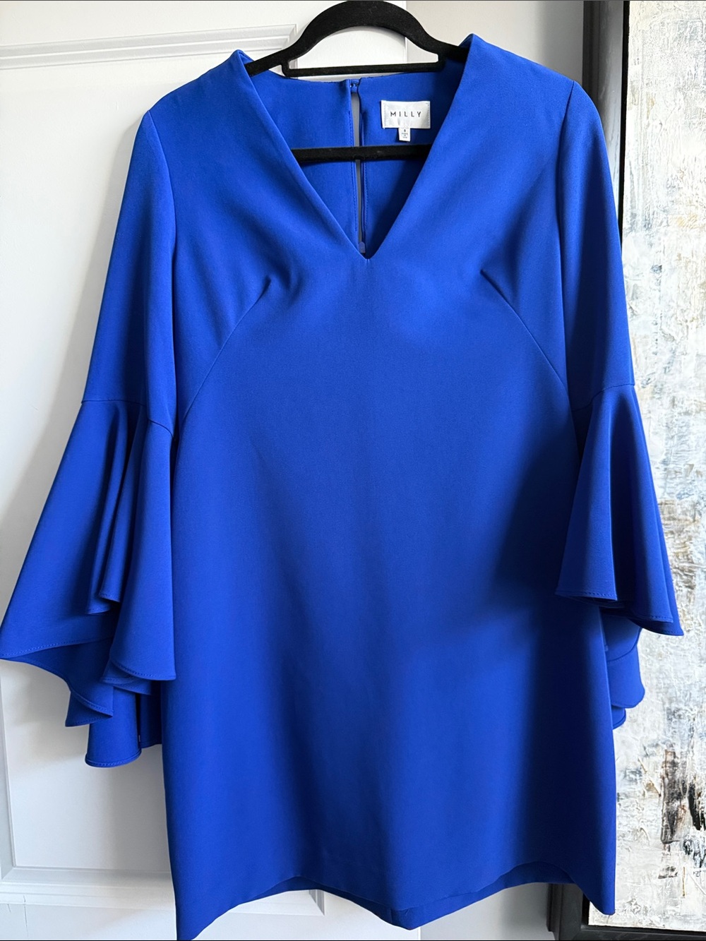 Milly Cobalt Blue V-Neck Dress with Tiered Bell Sleeves